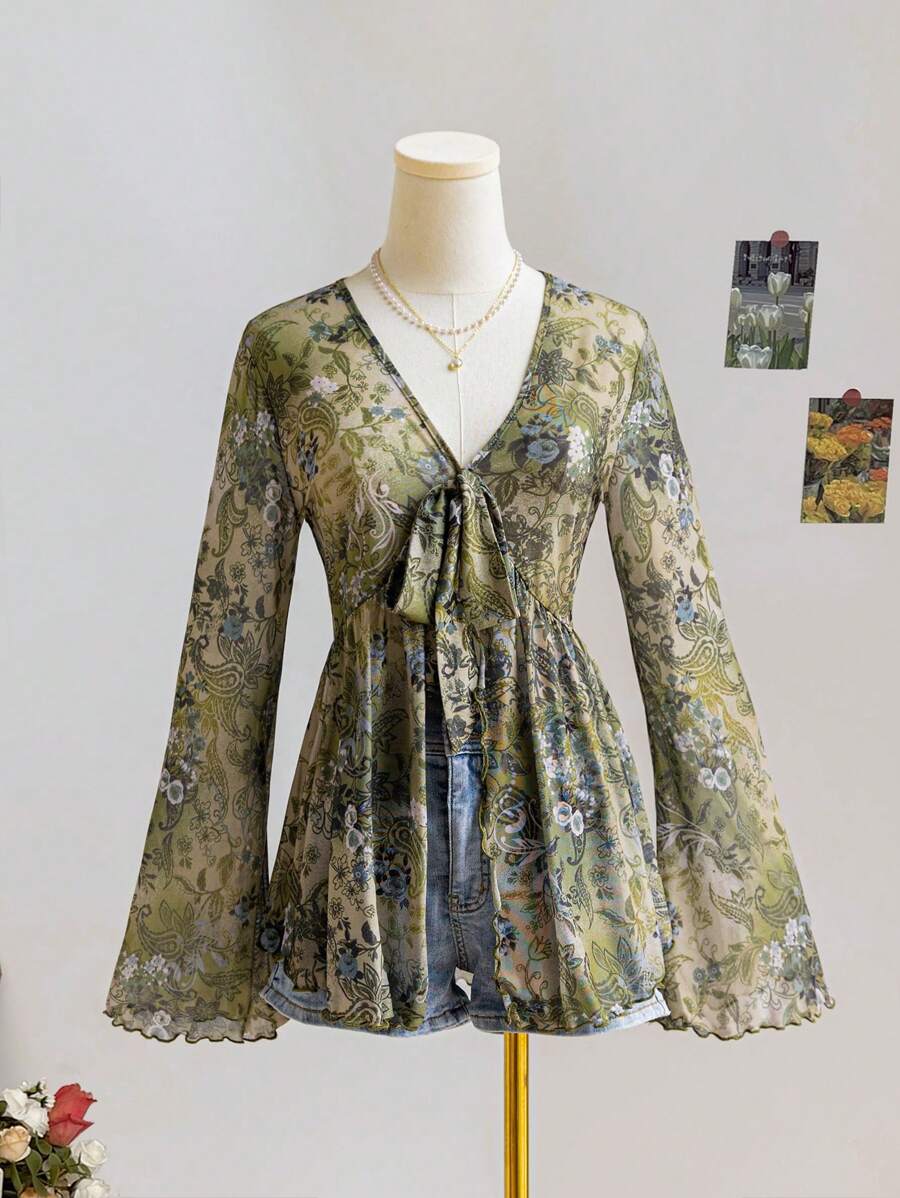 Soleia 女士蝴蝶结带印花喇叭袖超长短款上衣，适合海滩乡村音乐节度假 - 彩色 - 查看 1