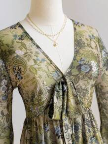 Soleia 女士蝴蝶结带印花喇叭袖超长短款上衣，适合海滩乡村音乐节度假 - 彩色 - 查看 4