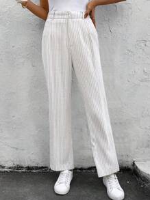SHEIN LUNE Office Lady Linen Beige Striped Women Business Casual Trousers - Apricot - View 4