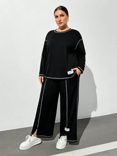 SHEIN Essnce Plus Size Women's Pantsuit, Black Suit, Halloween Costume Women Clothes Long Sleeves Woman Clothing Long Sleeve T Shirts,Office Wear Women Set Clothes Women Black Dress Pants Sets Two Pieces Women Outfits Spring