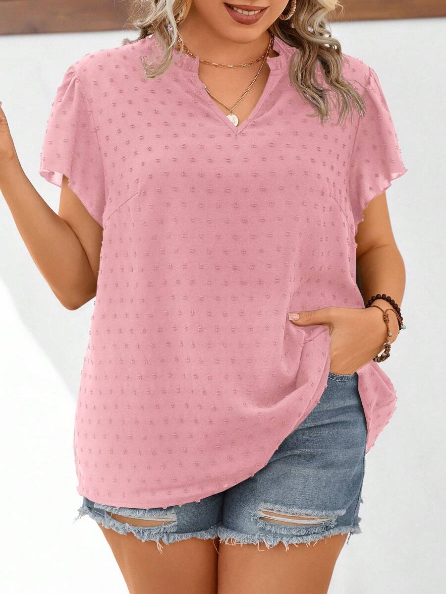 SHEIN LUNE Plus Swiss Dot Notched Neck Blouse - Coral Pink - View 1