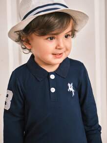 Souflis Souflis Conjunto de 3 piezas para niños pequeños con camisa polo clásica bordada ecuestre, pantalón de traje y camisa, azul marino, adecuado para fiesta, boda, sesión de fotos, vacaciones, adorable y elegante, otoño e invierno