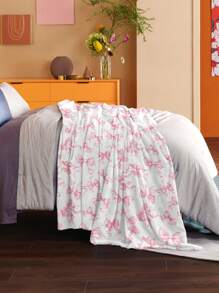 ROMWE Kawaii 1 pièce Couverture en peluche imprimée avec motif papillon rose romantique, couverture en polaire douce et chaude pour la décoration de la maison, le salon, le canapé, le fauteuil et la chambre à coucher