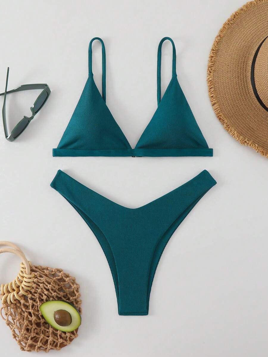 SHEIN Swim مجموعة بكيني بقطعتين بسيطة وعادية للنساء للاستخدام اليومي في الصيف - أخضر داكن - مشاهدة 1
