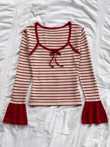 Soleia WYWH Women's Vacation Burgundy Striped Square Neck Flared Sleeve Knit Top With Bow Accent, Autumn Blouse