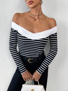 SHEIN Privé Women's Black And White Striped Strapless Long Sleeve T-Shirt Top,Sexy And Elegant Style,Off Shoulder Top,Off Shoulder Long Sleeve,Spring, Fall And Winter Tops,Suitable For Daily, Commuting, Holiday,Dating