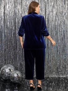 Gownix 秋冬大码天鹅绒翻领开襟西装外套和裤子套装 - 藍色 - 查看 2