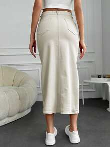 EURMUSE Split Thigh Denim Skirt - Beige - View 2