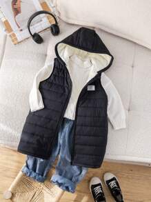 SHEIN 1pc Boys Casual Cute Daily Comfortable Versatile Warm Black Long Hooded Padded Coat, Suitable For Outings, School, Gatherings, Autumn & Winter - Multicolor - View 9