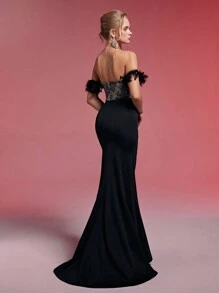 SHEIN Belle Elegant Sleeveless Lace Patchwork, Satin-Trimmed, Feather Decorated, Side Slit Fishtail Hem Dress For Prom, Graduation, Wedding, Cocktail, Non-Formal Lightweight Wedding Dress (The Feathers Are Real Turkey Feathers), Black Evening Dress, For Wedding Guest, Dinner