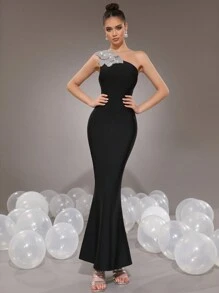 Modphy Nuevo estilo de vestido formal largo de sirena, ajustado, sin espalda, con decoración de flor de strass, para mujer - Negro - Ver 1