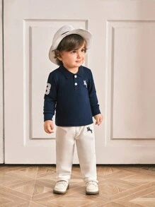 Souflis Souflis Conjunto de 3 piezas para niños pequeños con camisa polo clásica bordada ecuestre, pantalón de traje y camisa, azul marino, adecuado para fiesta, boda, sesión de fotos, vacaciones, adorable y elegante, otoño e invierno