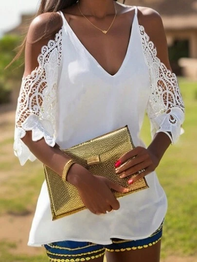 2024 Spring/Summer New V-Neck Solid Color Off Shoulder Contrast Lace Loose Casual T-Shirt, European And American Women's Clothing White