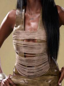 MUSERA 性感仿皮深V领吊带背心，适合度假、春夏节日等场合 - 棕色 - 查看 1