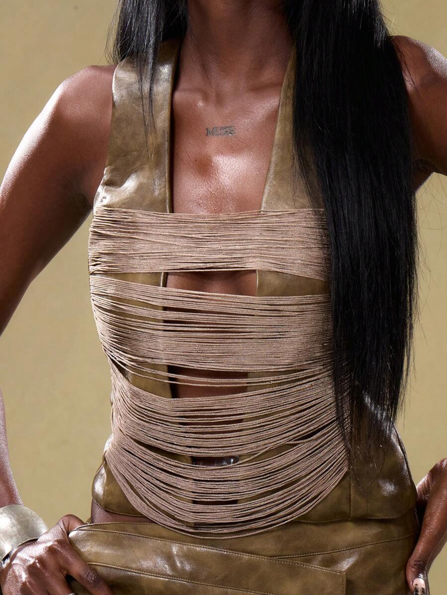 MUSERA 性感仿皮深V领吊带背心，适合度假、春夏节日等场合 - 棕色 - 查看 1