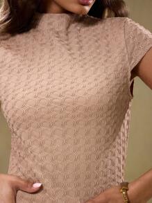 MUSERA Vestido mini de cuello alto y manga corta con textura, sexy y lindo para primavera y verano - Caqui - Ver 5