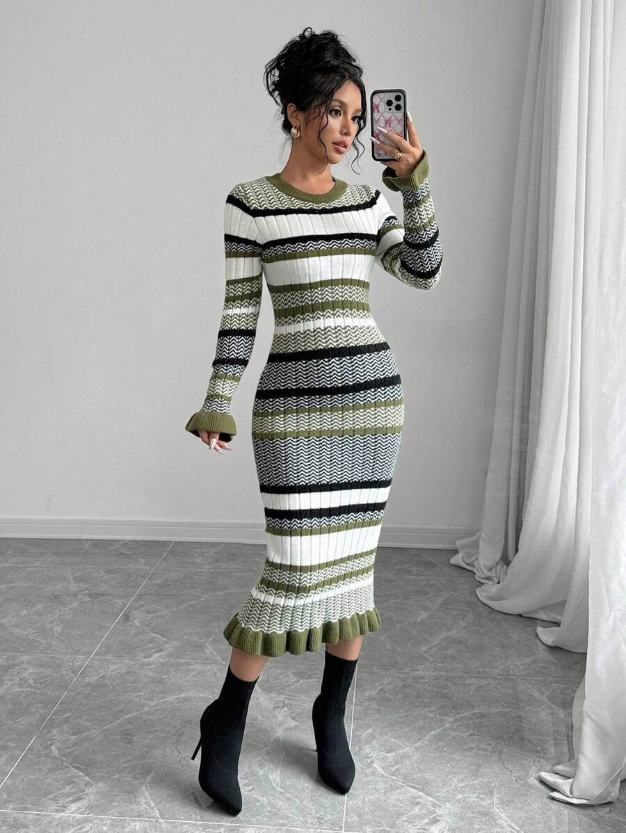Selianne Váy len dệt kim dài tay cổ tròn màu tương phản dành cho nữ - màu xanh lá - Xem 1