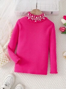 年轻女孩珍珠边饰立领纯色针织毛衣，秋冬款 - 玫紅色 - 查看 1