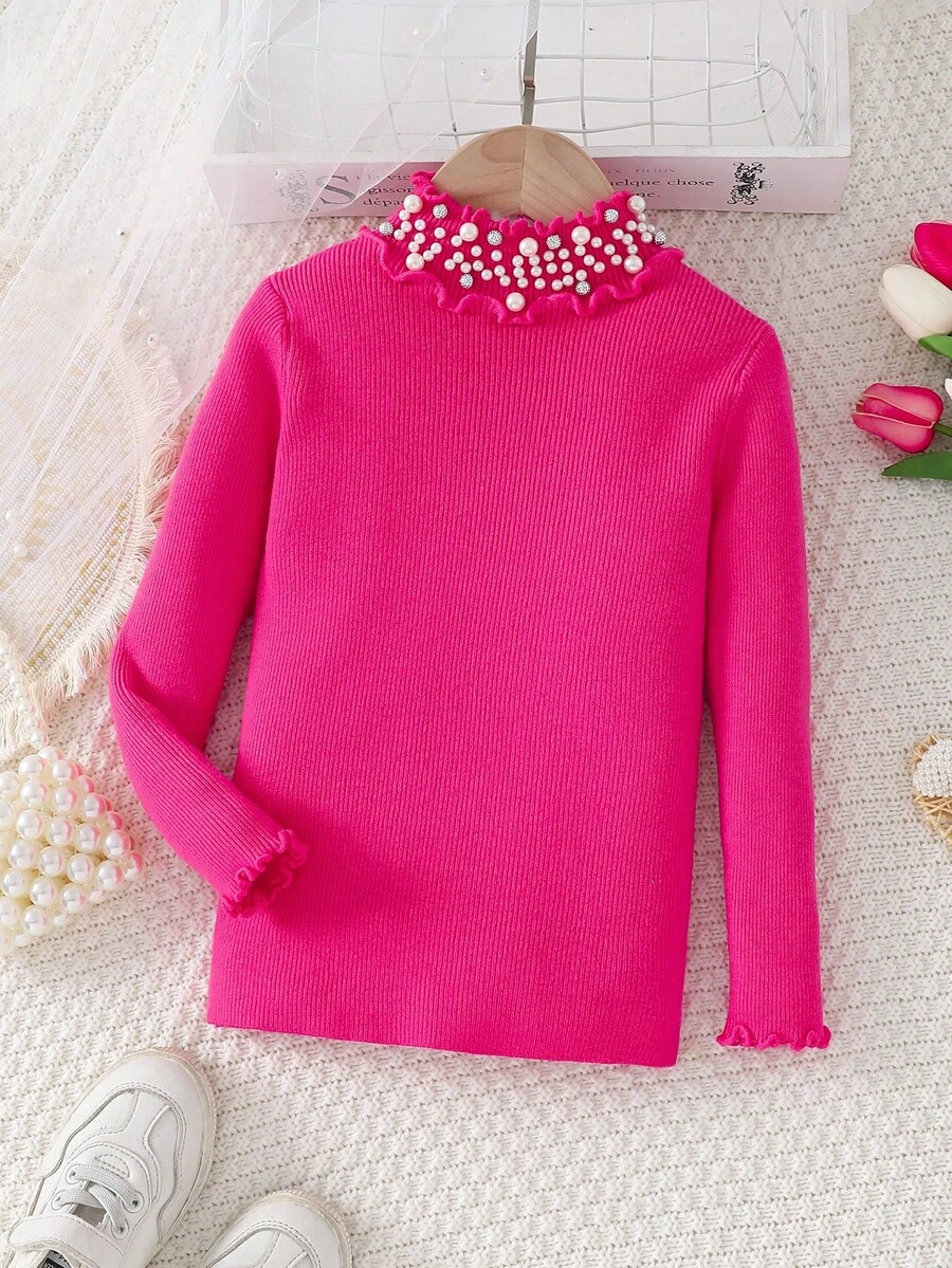 年轻女孩珍珠边饰立领纯色针织毛衣，秋冬款 - 玫紅色 - 查看 1