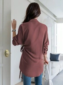 DAZY 1 件女式宽松纯色长袖前系带衬衫，秋季服装 - 酒紅色 - 查看 2