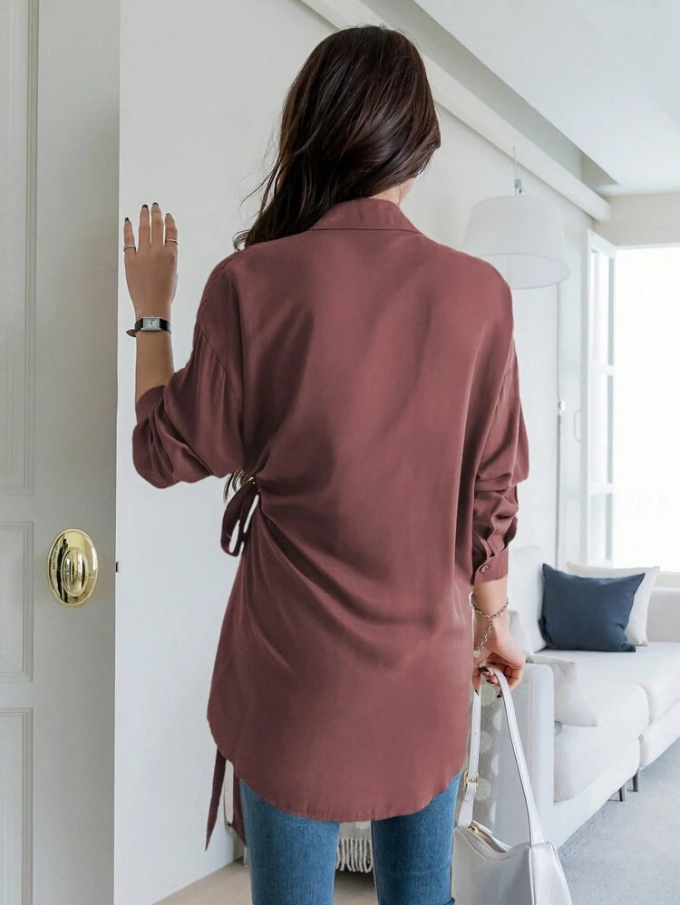 1pc Women's Loose Solid Color Long Sleeve Tie Front Blouse,Fall Clothes