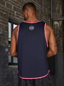 Gym Rark Plus Size Men's Contrast Trim Crew Neck Sleeveless Letter Printed Minimalist Sports Tank Top - Navy Blue - View 2