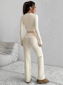 Flirla 2pcs/Set Slim Fit Half-Zip Casual Sweater & Knit Shorts , 2 Pieces , Beige Outfit Women Fall Cloth For Women