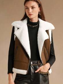 Anewsta Casual Fluffy Trim Vest Jacket, Versatile For Fall/Winter - Brown - View 3