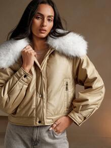 Anewsta Women's Winter Short Stand Collar Detachable Faux Fox Fur Casual Gold-Colored Padded Coat