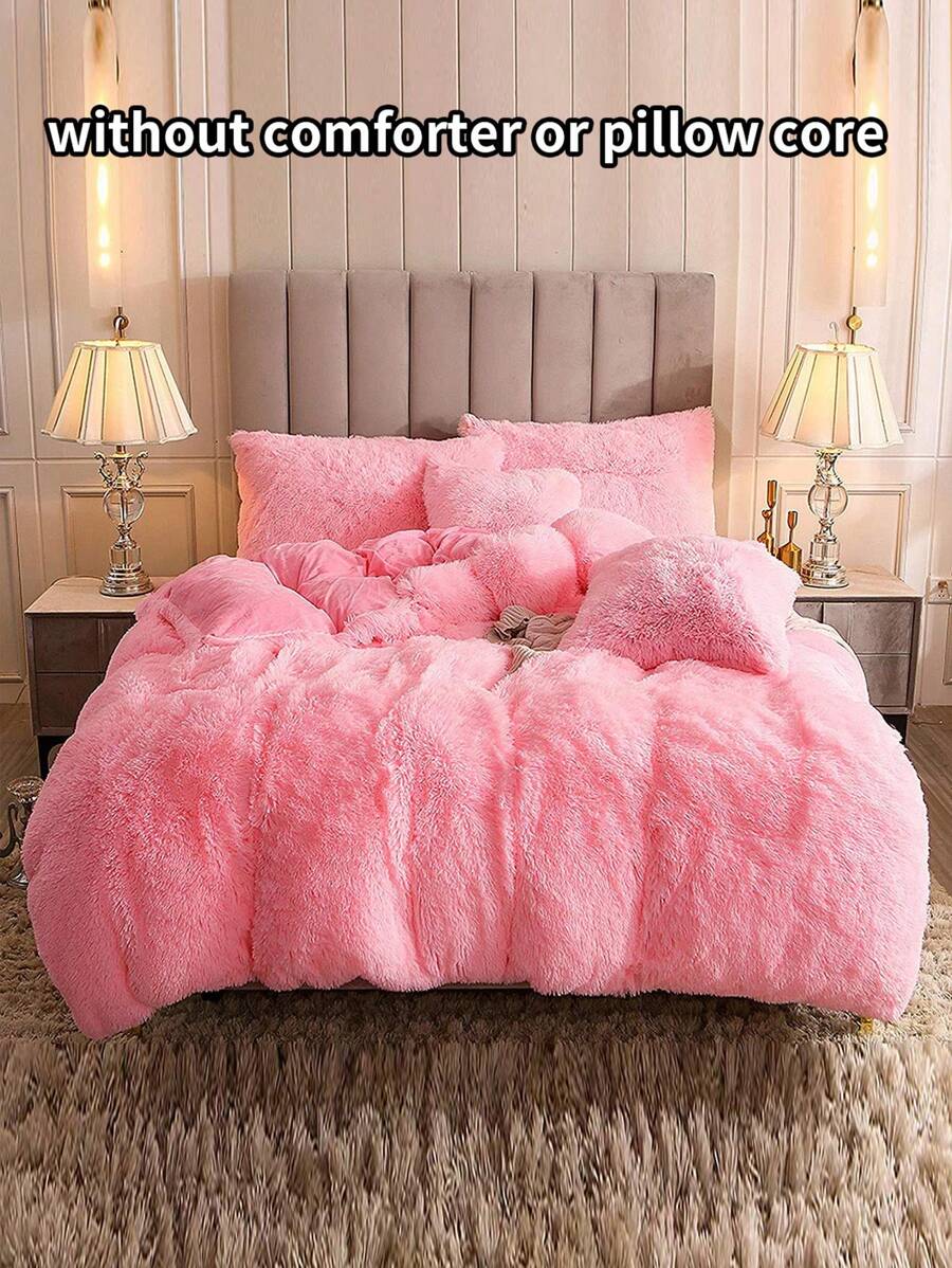 三件套纯色蓬松床上用品，包含一个被套和两个枕套，适用于卧室、客房，尺寸可选：特大号、大号、标准双人床、单人床，圣诞礼物 - 粉色 - 查看 1