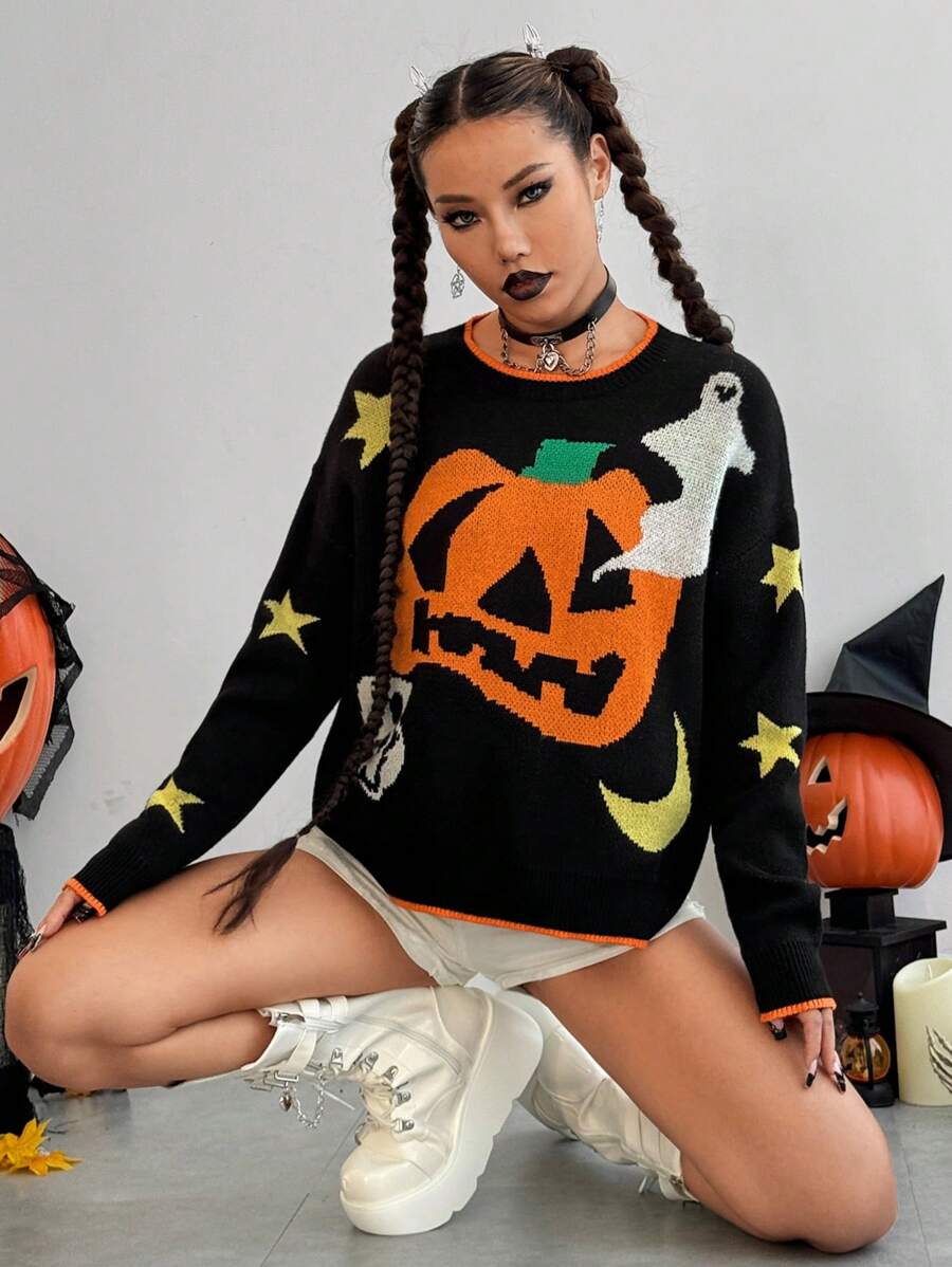SHEIN Unity Women's Halloween Pumpkin & Ghost Pattern Knitted Long Sleeve Sweater - Multicolor - View 1