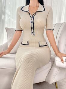 Modelyn Vestido de suéter de Body ceñido con mangas cortas, recorte de color block y cola de pez, para mujer, apto para primavera y otoño