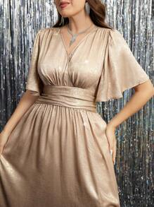 SHEIN Clasi Plus Size Rave Festival Outfits  Elegant Golden Cloth Dress, Ruffled Sleeves, V-Neck High Side Slit, Flared Hem Fall Wedding Guest Dress - Multicolor - View 7