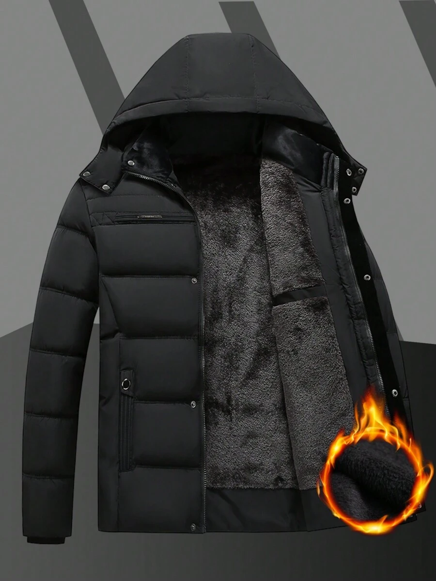 Manfinity Homme 男士纯色连帽领长袖保暖棉服外套，秋冬 - 黑色 - 查看 1