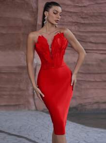 女式绷带中长露肩连衣裙，带仿羽毛心形设计，鸡尾酒半正式舞会礼服，适合生日、婚礼嘉宾、毕业典礼、晚宴、返校节 - 紅色 - 查看 4