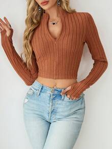 SHEIN Essnce 女士棕色半拉链长袖休闲 T 恤 - 摩卡棕 - 查看 4