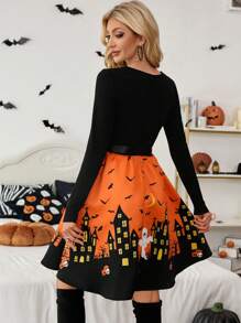 SHEIN Essnce Women's V-Neck Waist-Tie Shell-Trim Halloween Print Long Sleeve Mini Dress  Autumn Cute Cartoon Print Patchwork Waist Long Sleeve Dress For Halloween,Black