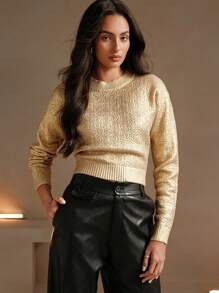 Anewsta Women's Solid Color Spray Coated Crew Neck Long Sleeve Minimalist Sweater For Casual Wear For New Year Holiday Party Clothes Knit Pullover Fall Winter Outfit - Gold - View 8