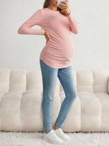 SHEIN Maternity Spring & Fall Casual Striped Ruched Slim Fit Long Sleeve T-Shirt