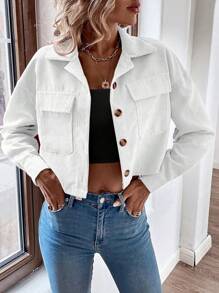 EMERY ROSE Jaqueta Cargo Curta de Cor Sólida Casual para Primavera e Outono - Branco - Visão 6