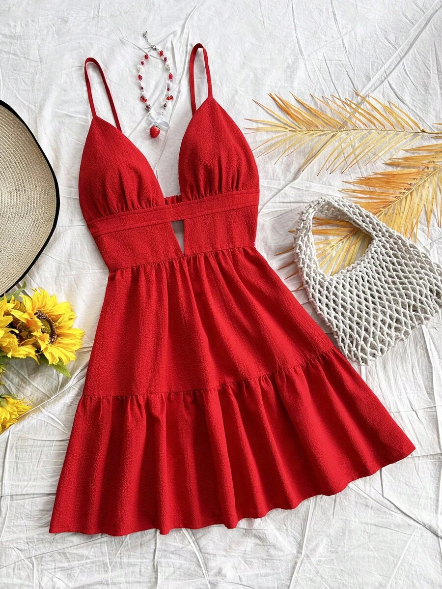 Soleia Vacation Loose V-Neck Backless Red Slip Dress,Summer Dresses For Women - Red - View 1