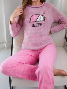 EURMUSE 100% Cotton 2Pcs  Contrast Colour Striped Bear Embroidery Detail Shirt And Long Bottom PJ Set - Pink - View 6