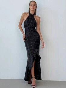 Aloruh Sexy zwarte fluwelen strass asymmetrische zoom rugloze halter maxi-jurk
