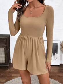SHEIN LUNE Women Casual Solid Color Ruched Square Neck Long Sleeve Jumpsuit, Autumn/Winter - Khaki - View 3