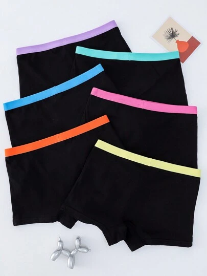 6pcs/Pack Tween Girls' Colorblock Elastic Waist Casual Hipster Panties Set