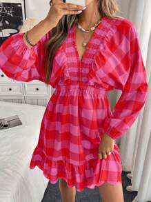 Chiquease Shirred Gathered Puff Sleeve Ruffle Trim Plaid Print Short Sleeve Mini Dress - Pink - View 1