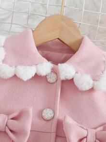 SHEIN Baby Girls' Fluffy Collar Bow Design Jacket, Autumn & Winter - Pink - View 4