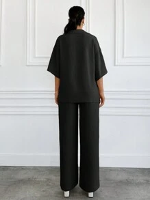 EURMUSE Solid Woven Collared V Neck  Utility Shirt & Pant Set - Black - View 2