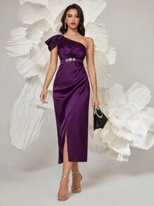 SHEIN Belle Vestido de cóctel elegante de mujer con escote asimétrico y sin mangas, vestido de fiesta semiformal para fiesta de cumpleaños, boda, graduación, cena, regreso a casa - Morado - Ver 3