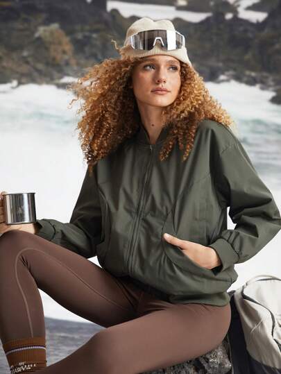 SHEIN Sports 女士纯色简约日常休闲拉链长袖运动夹克